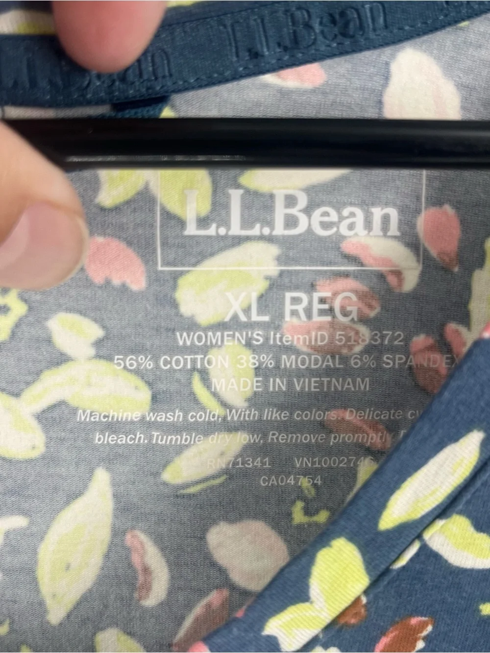 L.L. Bean Navy V-Neck Cap-Sleeve Top with Pink and Lime Leaf Print